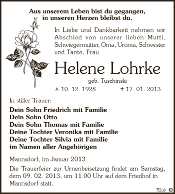 Traueranzeige von Helene Lohrke von Mitteldeutsche Zeitung Zeitz