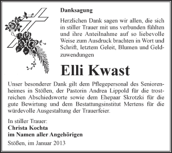 Traueranzeige von Elli Kwast von Mitteldeutsche Zeitung Zeitz