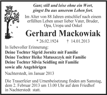 Traueranzeige von Gerhard Mackowiak von Mitteldeutsche Zeitung Aschersleben