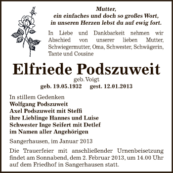 Traueranzeige von Elfriede Podszuweit von Mitteldeutsche Zeitung Sangerhausen