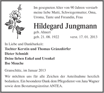 Traueranzeige von Hildegard Jungmann von Mitteldeutsche Zeitung Weißenfels