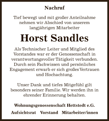 Traueranzeige von Horst Sandles von Mitteldeutsche Zeitung Mansfelder Land