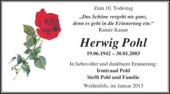 Traueranzeige von Herwig Pohl von Mitteldeutsche Zeitung Weißenfels