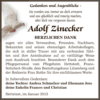 Traueranzeige von Adolf Zinecker von Mitteldeutsche Zeitung Mansfelder Land