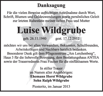Traueranzeige von Luise Wildgrube von Mitteldeutsche Zeitung Jessen
