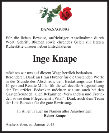 Traueranzeige von Inge Knape von Mitteldeutsche Zeitung Aschersleben