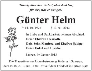 Traueranzeige von Günter Helm von Mitteldeutsche Zeitung Weißenfels