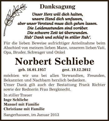 Traueranzeige von Norbert Schliebe von Mitteldeutsche Zeitung Sangerhausen