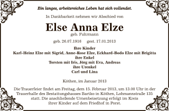 Traueranzeige von Else Anna Elze von Mitteldeutsche Zeitung Köthen