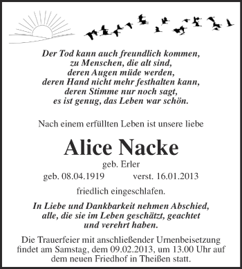 Traueranzeige von Alice Nacke von Mitteldeutsche Zeitung Weißenfels