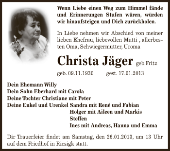 Traueranzeige von Christa Jäger von Mitteldeutsche Zeitung Dessau-Roßlau