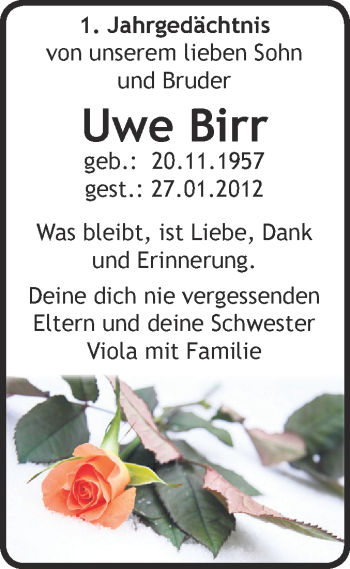 Traueranzeige von Uwe Birr von Mitteldeutsche Zeitung Naumburg/Nebra