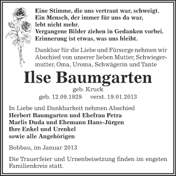 Traueranzeige von Ilse Baumgarten von Mitteldeutsche Zeitung Bitterfeld
