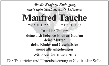 Traueranzeige von Manfred Tauche von Mitteldeutsche Zeitung Aschersleben