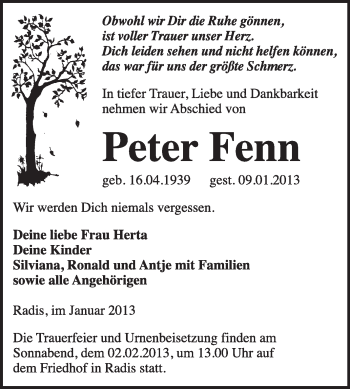 Traueranzeige von Peter Fenn von Mitteldeutsche Zeitung Jessen