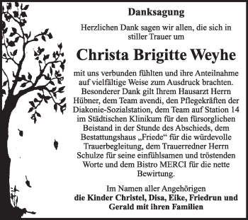 Traueranzeige von Christa Brigitte Weyhe von Mitteldeutsche Zeitung Dessau-Roßlau