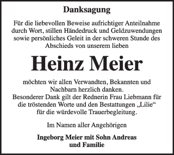 Traueranzeige von Heinz Meier von Mitteldeutsche Zeitung Dessau-Roßlau