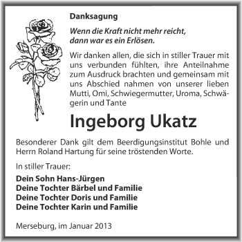 Traueranzeige von Ingeborg Ukatz von Mitteldeutsche Zeitung Merseburg/Querfurt