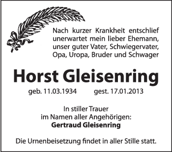 Traueranzeige von Horst Gleisenring von Mitteldeutsche Zeitung Dessau-Roßlau