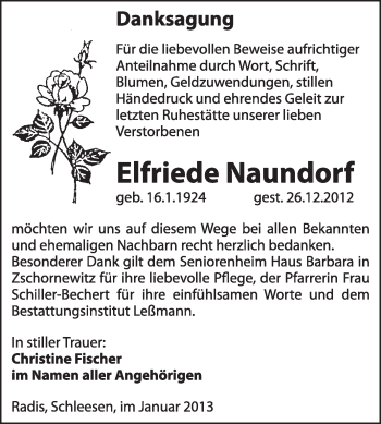 Traueranzeige von Elfriede Naundorf von Mitteldeutsche Zeitung Jessen