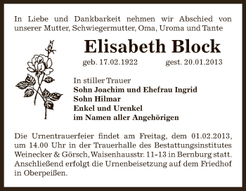 Traueranzeige von Elisabeth Block von Mitteldeutsche Zeitung Bernburg