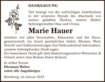 Traueranzeige von Marie Hauer von Mitteldeutsche Zeitung Bernburg
