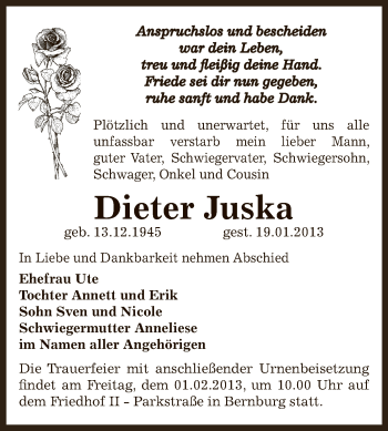Traueranzeige von Dieter Juska von Mitteldeutsche Zeitung Bernburg