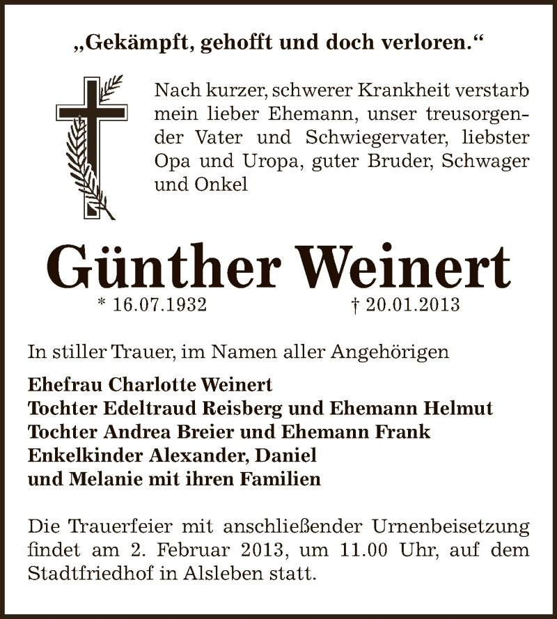  Traueranzeige für Günther Weinert vom 27.01.2013 aus Mitteldeutsche Zeitung Bernburg