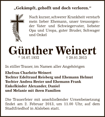 Traueranzeige von Günther Weinert von Mitteldeutsche Zeitung Bernburg