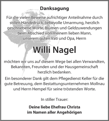 Traueranzeige von Willi Nagel von Mitteldeutsche Zeitung Weißenfels