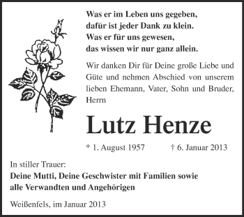 Traueranzeige von Lutz Henze von Mitteldeutsche Zeitung Weißenfels