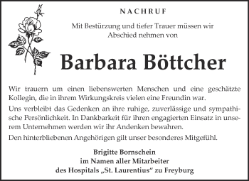 Traueranzeige von Barbara Böttcher von Mitteldeutsche Zeitung Naumburg/Nebra