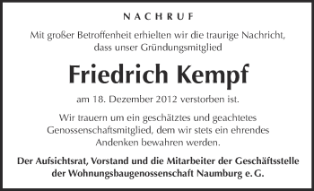 Traueranzeige von Friedrich Kempf von Mitteldeutsche Zeitung Naumburg/Nebra