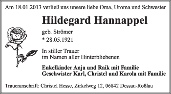 Traueranzeige von Hildegard Hannappel von Mitteldeutsche Zeitung Dessau-Roßlau