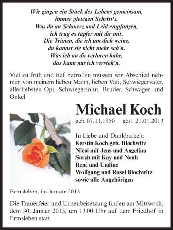 Traueranzeige von Michael Koch von Mitteldeutsche Zeitung Quedlinburg