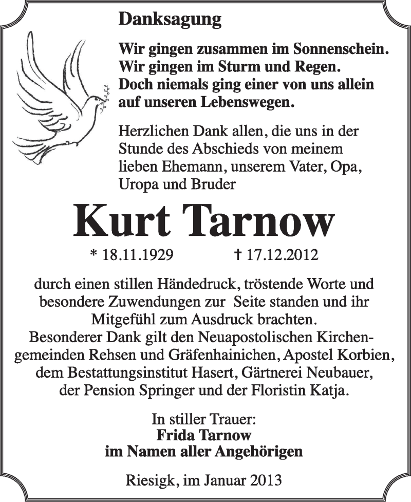  Traueranzeige für Kurt Tarnow vom 27.01.2013 aus Mitteldeutsche Zeitung Jessen