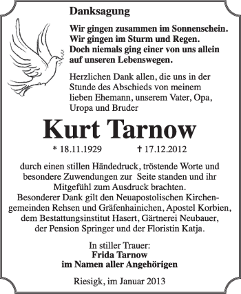 Traueranzeige von Kurt Tarnow von Mitteldeutsche Zeitung Jessen
