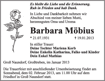 Traueranzeige von Barbara Möbius von Mitteldeutsche Zeitung Jessen