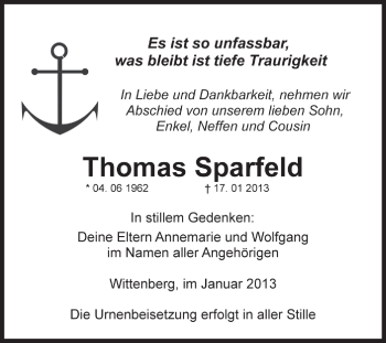 Traueranzeige von Thomas Sparfeld von Mitteldeutsche Zeitung Jessen