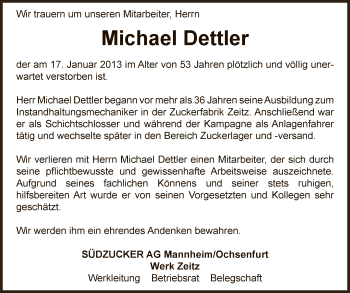 Traueranzeige von Michael Dettler von Mitteldeutsche Zeitung Zeitz