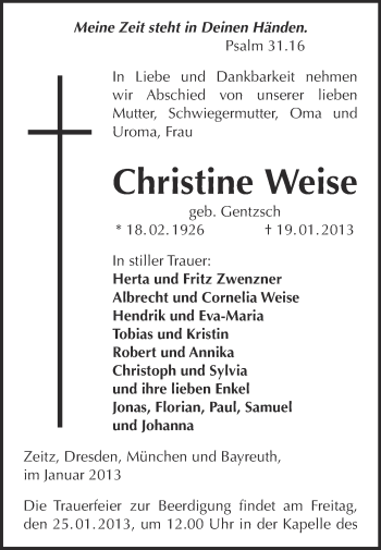 Traueranzeige von Christine Weise von Mitteldeutsche Zeitung Zeitz