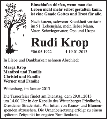 Traueranzeige von Rudi Krop von Mitteldeutsche Zeitung Jessen