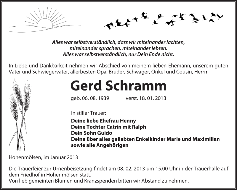  Traueranzeige für Gerd Schramm vom 30.01.2013 aus Mitteldeutsche Zeitung Weißenfels