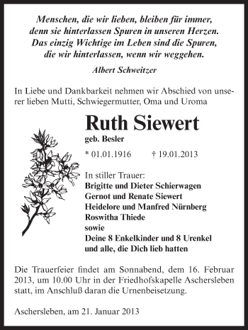 Traueranzeige von Ruth Siewert von Mitteldeutsche Zeitung Aschersleben