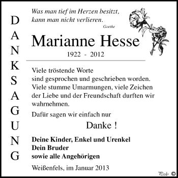 Traueranzeige von Marianne Hesse von Mitteldeutsche Zeitung Weißenfels