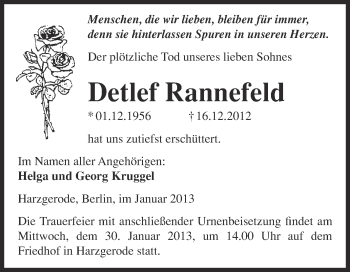 Traueranzeige von Detlef Rannefeld von Mitteldeutsche Zeitung Quedlinburg