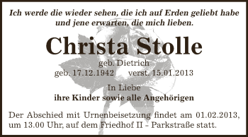 Traueranzeige von Christa Stolle von Mitteldeutsche Zeitung Bernburg