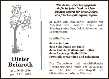 Traueranzeige von Dieter Beinroth von Mitteldeutsche Zeitung Zeitz