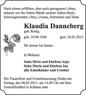 Traueranzeige von Klaudia Danneberg von Mitteldeutsche Zeitung Dessau-Roßlau