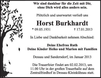 Traueranzeige von Horst Burkhardt von Mitteldeutsche Zeitung Dessau-Roßlau